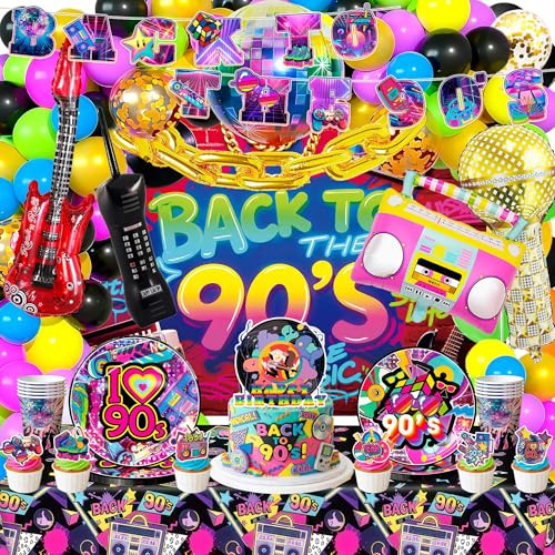 90-talsdekoration, 128 stycken 90-tals 90-tals dekoration retro neon fest discokula ballong klubbfest 90-talet tillbehör party dekoration födelsedag lysande ballonger luftgitarrer för uppblåsning