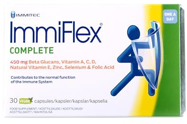 Immiflex Complete | Immunsystemet Booster med 450 mg beta-glukaner | Vitamin D, Vitamin C, Vitamin E, Vitamin A, zink, selen och folsyra | 30 grönsaker. Kapslar (1 månads leverans)