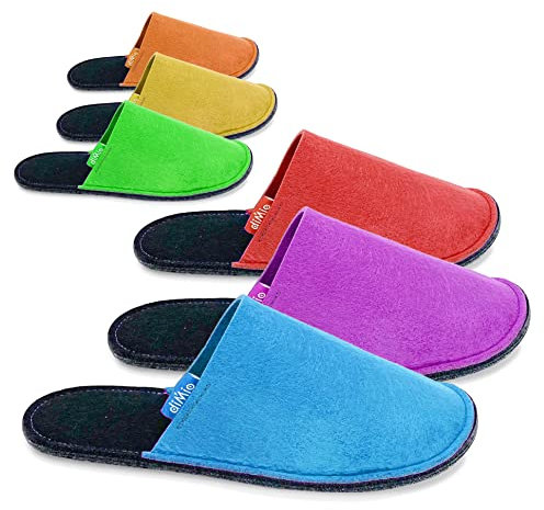 diMio Deluxe Gästehausschuhe Set – 6 Paar rutschfeste, bequeme Hausschuhe aus hochwertigem Polyesterfilz, leuchtende Farben, waschbar, mehrlagige Sohle, Größen 37-44 für Damen, Herren und Kinder