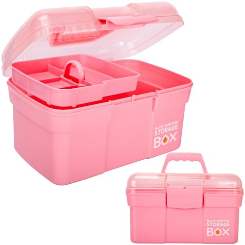 TERGOO 11in Mutipurpose Storage Box Organizer with Removable Tray, Portable Small Craft Organizer with Handle, Plastic Clear Tool Box Art Case for Makeup, Sewing, Nail, Hair Accessories (Pink)