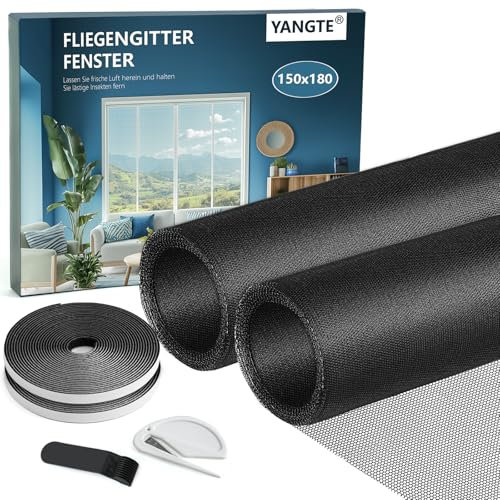 YANGTE Fliegengitter für Fenster-2 Stück 150 x 180cm Schwarz Insektenschutz Fenster mit Gesteigerte höherer Klebkraft Klettband, Fliegengitter Fenster ohne Bohren, Fliegennetz & Mückennetz für Fenster