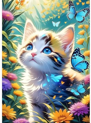 QQYRHN 5D Süße Katze Diamond Painting Kit für Erwachsene Anfänger Schmetterling Diamant Kunst Kits Vollständiges DIY Blumen Diamantstickerei-Set Perfekt zur Entspannung und Dekoration 30x40 cm
