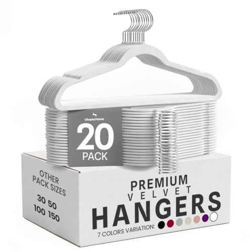Utopia Home Sammetshängare - klädhängare, garderobshängare för skjortor, jackor och klänningar, halkfria och hållbara (vit, 20-pack)