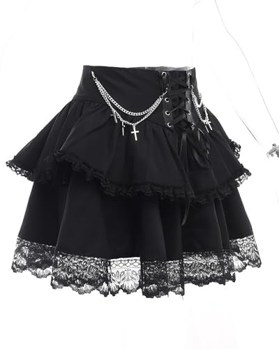 YINGWIN Gothic Street Sexy Bandage Ruffle Tiered Skirt Women High Waist Solid Criss Cross Tie Up A-Line Mini Skirt Pleated Skirts