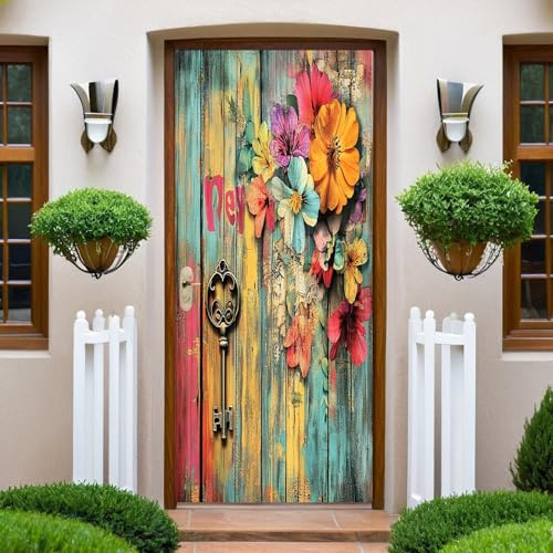 Adesivi autoadesivi per porte Retro venature del legno floreale Desivi per porte Autoadesivo PVC, adatti per la decorazione della parete della stanza, soggiorno, decor per porta 77 x 200 cm