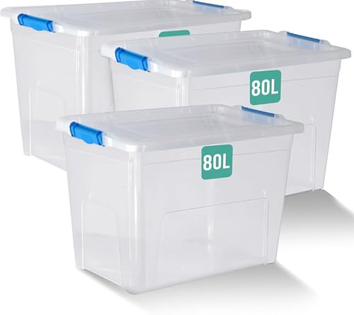 Klass Home Collection 3 x 80 Litre Large Plastic Storage Boxes With Lids - Heavy Duty Stackable 80L Large Storage Box With Lid, Big Plastic Containers For Home, Moving, Garage (3 x 80L, Clipping Lid)