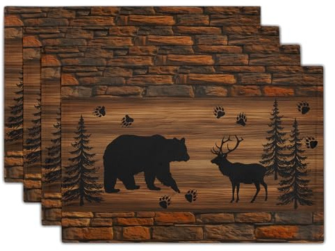 Rustic Placemats - Brown Cabin Bear Place Mats Set of 4 Country Moose Wooden Tablemats 12x18 for Dining Kitchen Farmhouse