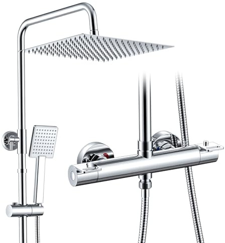 DelnVior Sistema de ducha termostático acero inoxidable, cabezal lluvia cuadrado 12 (30 cm), ducha mano 1 modo. Grifería completa ajustable en altura, protección quemaduras, ahorro agua