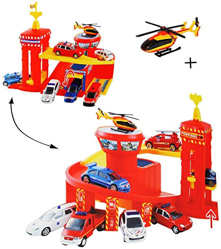 alles-meine.de GmbH Spielset: Feuerwehrstation mit Hebebühne/Lift - Rampe + Werkstatt + 5 Garagen + Flugzeug - 1/64 - passend auch für 3-D Spielmatte Straße - Feuerwehr Fahrzeu..