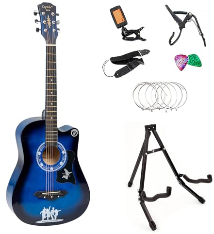 Crystals Acoustic Guitar Full Package Pack with Accessories - 4/4 Size 38 Classic 6 Strings (Blue + Guitar Stand)