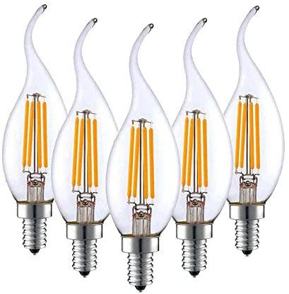 Lampadina a candelabro a LED E12 4W dimmerabile, lampadine a LED equivalenti a 40W 2700K bianco caldo 400 lumen Punta a fiamma Lampadina a filamento LED vintage E12 Base a candelabro Confezione da 5