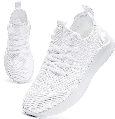 EGMPDA Womens Trainers Running Shoes for Women Walking Gym Sports Ladies Trainers Flat Jogging Fitness Sneakers Breathable Fashion Casual White UK Size 7