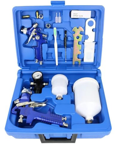 HVLP Air Gravity Spray Gun Set, Paint Spray Gun for Car, 2-in-1 with 1.4mm 600ml & 0.8mm 150ml, Paint Repair, 2 Set Sprayer Gun with Locking Air Pressure Regulator Gauge Automotive, DIY Projects