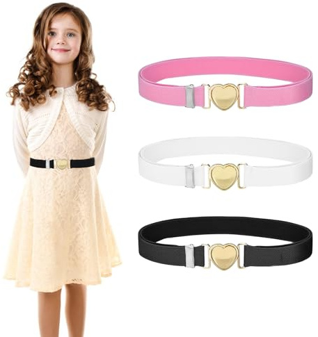 Leikedun 3Pack Girls Elastic Belts Kids Adjustable Stretch Belts with Heart Buckle Fashion Cute Girls Belt for Kids Toddler (Black + White + Pink)