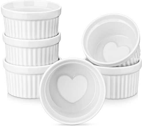 LOVECASA Ramekins 8 oz for Creme Brulee, Porcelain White Ramekin Set Souffle Dishes Oven Safe for Baking and Dipping Sauces Bowls, Heart-shaped Bottom, Set of 6