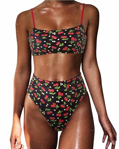 MOSHENGQI Women High Waisted High Cut Bikini Push Up Bandeau Swimsuits (M, Black Cherry)