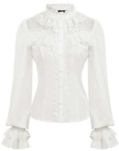 CURLBIUTY Blusa Vintage Mujer Manga Larga Cuello Alto Decorada con Encaje Negra/Ivory
