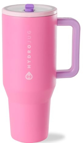 HydroJug Traveler – Moderner Becher mit Griff und einfachem Klapp-Trinkhalm, für Auto-Becherhalter, auslaufsichere Wasserflasche, wiederverwendbar, isolierter Edelstahl und Gummiboden, Geschenke für