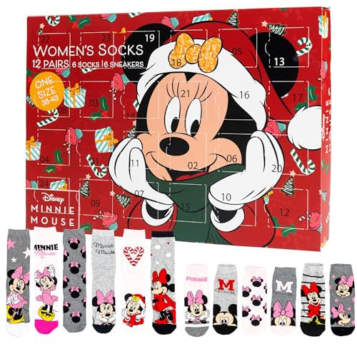 Disney Minnie Mouse Adventskalender mit 12 Paar Socken Größe 38-43 für Damen Weihnachtskalender mit Sneakers und langen Socken