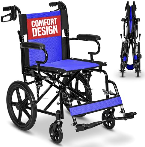 Lightweight Folding Wheelchair 20in Seat - Transit, Dual Brakes, Blue | 13kg frame, 120kg user capacity, Folds to 21cm, 16in rear wheels, Puncture proof tyres, Cushioned armrests