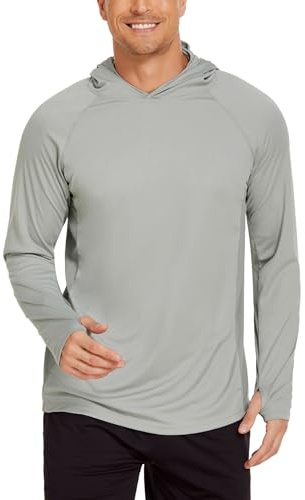 PINSPARK UV-tröja herr sport t-shirts UPF 50+ UV solskydd långärmad tröja huvtröja med tumhål rashguard andas surfing fiske vandring topp, Solid grå, XL