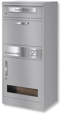 Metzler® boîte aux Lettres pour Colis avec fenêtre de visualisation et Plaque gravée INOX RAL9007 Gris Aluminium – réception sécurisée 24h/24, Design sur Pied Robuste, Personnalisable Bispo 3