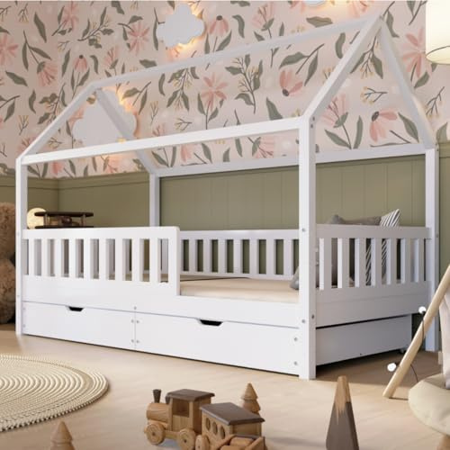 Crazy Pine Hussäng med lådor 80x160 cm – Montessori-säng i vitlackerad finish med fallskydd, extra förvaringsutrymme och avtagbar barriär – Crazy Blanco