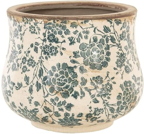Dibor Indoor Plant Pot Blue Botanical Floral Print Ceramic Jardinière Planter with Distressed Effect Finish Watertight Cachepot Vintage Victorian Style Houseplant Pot Windowsill Herb Planter (Large)
