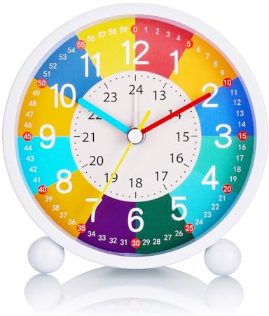 Kssvzz Kids Alarm Clock, No Ticking Silent Learning Clock for Kids, Bedside Clocks with Light, Loud Alarm Clocks for Heavy Sleepers, Battery Powered
