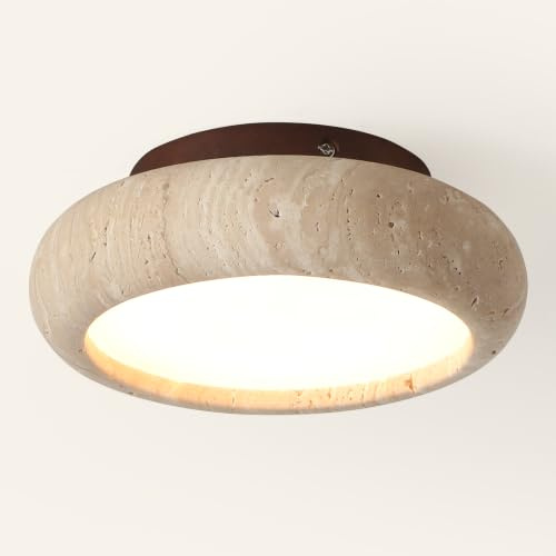 kaixunl 20 cm japansk LED-takbelysning Wabi-Sabi-stil taklampa gula travertinlampor halvinfälld rund ljusarmatur varma lampor lämplig för sovrum matsal kök hall 7 W