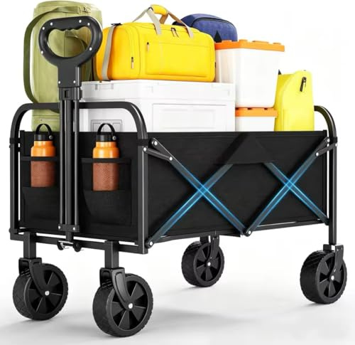 Festival Trolley on Wheels, 220L/172kg Folding Collapsible Wagon Trolley, Portable Camping Cart with 360° All-Terrain Wheels and Adjustable Handle & Side Pocket for Garden Trolley, Shopping Trolley
