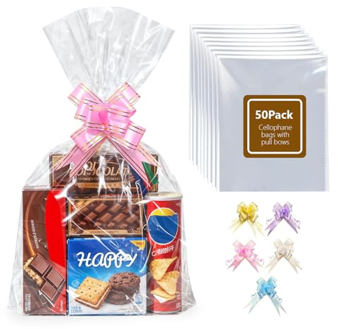Boensi 50 Unidades Bolsas de Celofán con Lazo, 40x50 cm Bolsas Transparentes para Cestas de Regalo, Halloween, Pascua, Navidad, Canastas de Frutas y Embalajes de Regalo