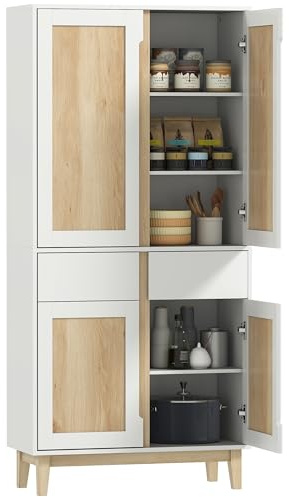 HOMCOM Buffet Haut Cuisine, Armoire de Cuisine, vaisselier, 4 Portes, 2 tiroirs, étagères réglables, Pieds en Bois d'hévéa, Meuble de Rangement pour Salon, Salle à Manger, 80x35x170cm, Blanc et chêne