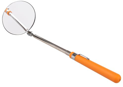 Specchietto di ispezione per auto con manico telescopico, strumento di geocaching, retrattile, specchietto telescopico di riparazione, diametro 8 cm, in acciaio inox (arancione)