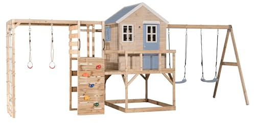 Wendi Toys casita Infantil con Doble Columpio y Escalada, Madera FSC, Parque de Juegos Exterior con Red y Anillas, Azul – M27PB-G