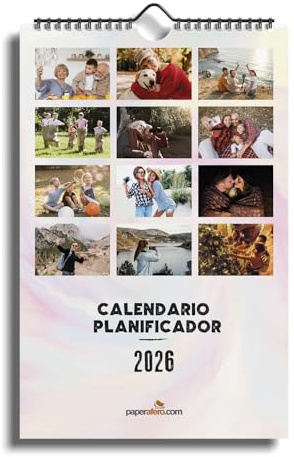 Paperafero | Calendario de Pared Personalizado 2026 | 12 fotos mes a mes | Portada collage | 30x47,5cm | Papel 200g | Wire-O Colgador | 3 Fechas Señaladas para Recordar lo que Importa (3 UNIDADES)