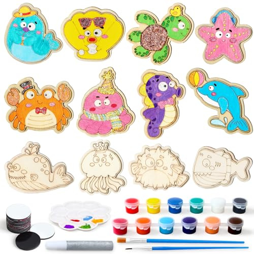 Toylink 12 Piezas DIY Imanes de Madera para Nevera Manualidades Niños, Set Creativo con Figuras de Madera & Imanes & Pinturas, Creativo para Niña Niño Cumpleaños (Animales Marinos)