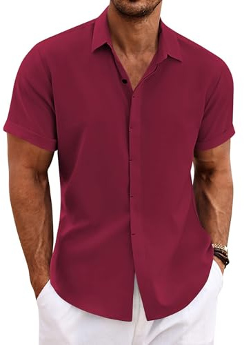 COOFANDY Camisa de Lino para Hombre Manga Corta Camisas Informales Camisa de Lino para Verano y Playa Burdeos L