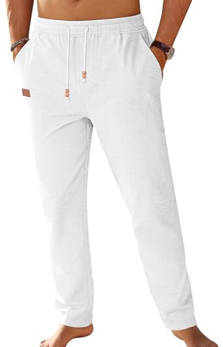 TARAINYA Algodón Pantalon Lino Hombre Verano con Cordón Ajustable | 71%Algodón,29%Lino;Corte Normal;Cintura Elástica Con Cordón;Playa;Informal