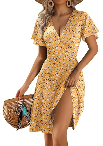 Zeagoo Sommarklänning för kvinnor, V-hals, kortärmad, strandklänning, blomtryck, volangklänning, omlottärmar, S-XXL, Blommor gul 02, L