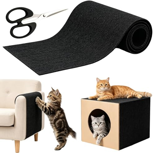 Cat Scratching Mat, DIY Cuttable Climbing Wall Scratch Pad, 30 x 100cm Thickened Self Adhesive Cat Scratching Mat with 1Pcs Scissor Suitable for Sofa Carpets Walls (Black)