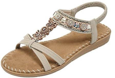 Generisch Zapatos de verano elegantes para mujer, sandalias planas de diamantes de imitación, sandalias de playa bohemias, zapatos cómodos, vintage, sandalias peeptoe, sandalias suaves para el tiempo