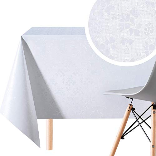 KP HOME Mantel Hule Blanco Rectangular 200 x 140 cm – Vinilo Plástico Impermeable y Fácil de Limpiar, Diseño Floral Jacquard Estilo Damasco - Hule Mesa para Interior y Exterior, Fiesta en el Jardín