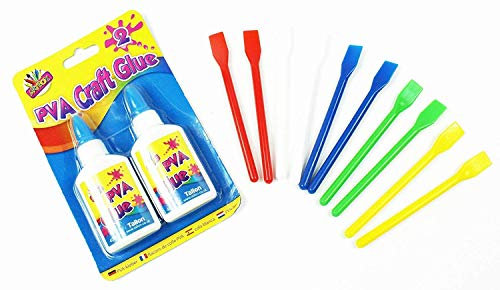 2 PVA Glue Bottles 10 Glue Spreaders Spatula Sticks Kids School Arts Crafts Home
