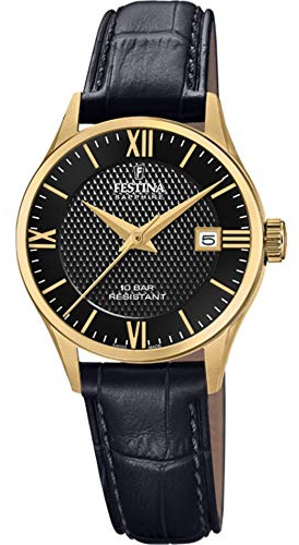 Festina Swiss Made Damen Armbanduhr Schwarzes Leder - Quarzwerk - Saphirglas - Wasserdicht bis 10 ATM - Elegant Klassisch Vintage - Kalender F20011/4 - Classic Leather