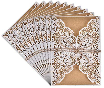 Tarjetas de Invitaciones,10 Pack Vintage Tarjeta de Invitación de Boda Set Incluir Retro Corte láser,Blanco Hojas Interiores Papel Kraft,Sobre y Hilo de Yute para Fiesta Cumpleaño Aniversario Navidad