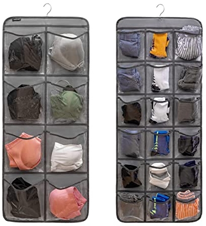 ANZORG Dual-Sided Hanging Closet Organizer for Socks Underwear Bra Kids Storage Organizer for Baby Clothes Toddler Shoes with 26 Pockets (Grey-Clear Pockets)