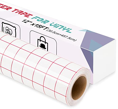 IModeur Transfer Tape for Vinyl, 12 x 15Ft (30.5 x 457cm) Clear Vinyl Transfer Paper Tape Roll with Red Grid for Permanent Vinyl and Self Adhesive Vinyl for Signs Stickers, Car Decals