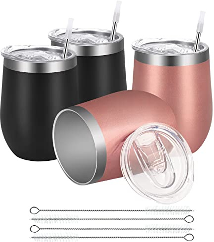 Joymaking 4 Stück Weinbecher Edelstahl, Stemless Weinbecher mit Deckel, Doppelwandige Unbreakable Travel Becher für Milk, Kaffee, Wein, Bier, Champagner, Cocktails, Rosagold-Schwarz