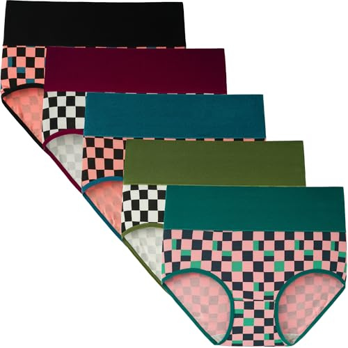 INNERSY Culotte Taille Haute Femme Slip Post Cesarienne Shorty Coton sous Vetement Sport Lot de 5 (L,Plaid Coloré)